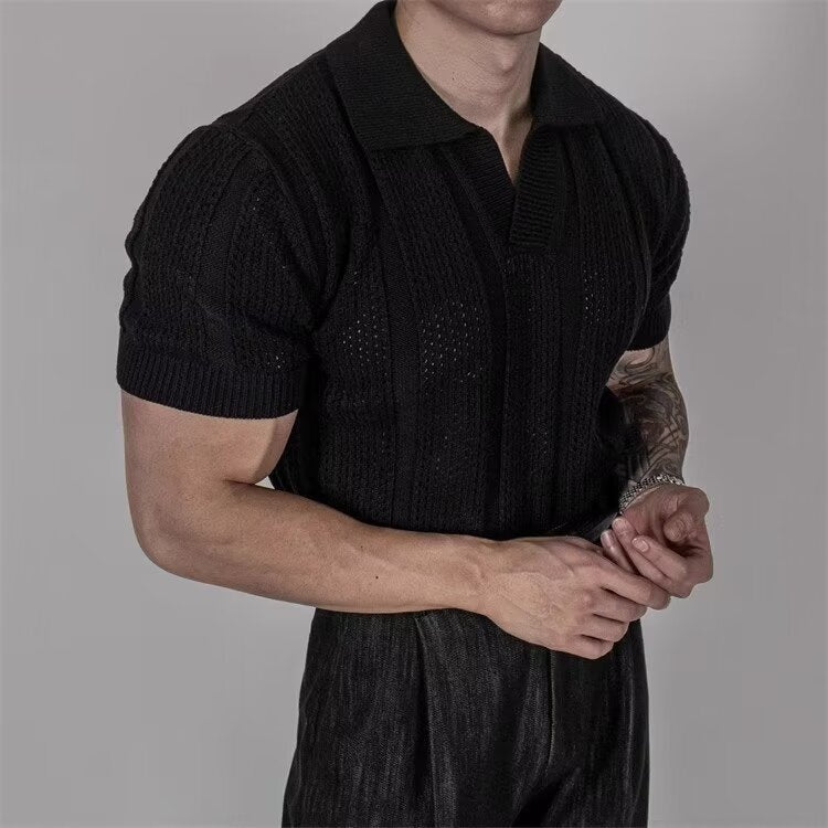 Men's Cut Out Mesh Texture Knitted Short Sleeve Polo Shirt